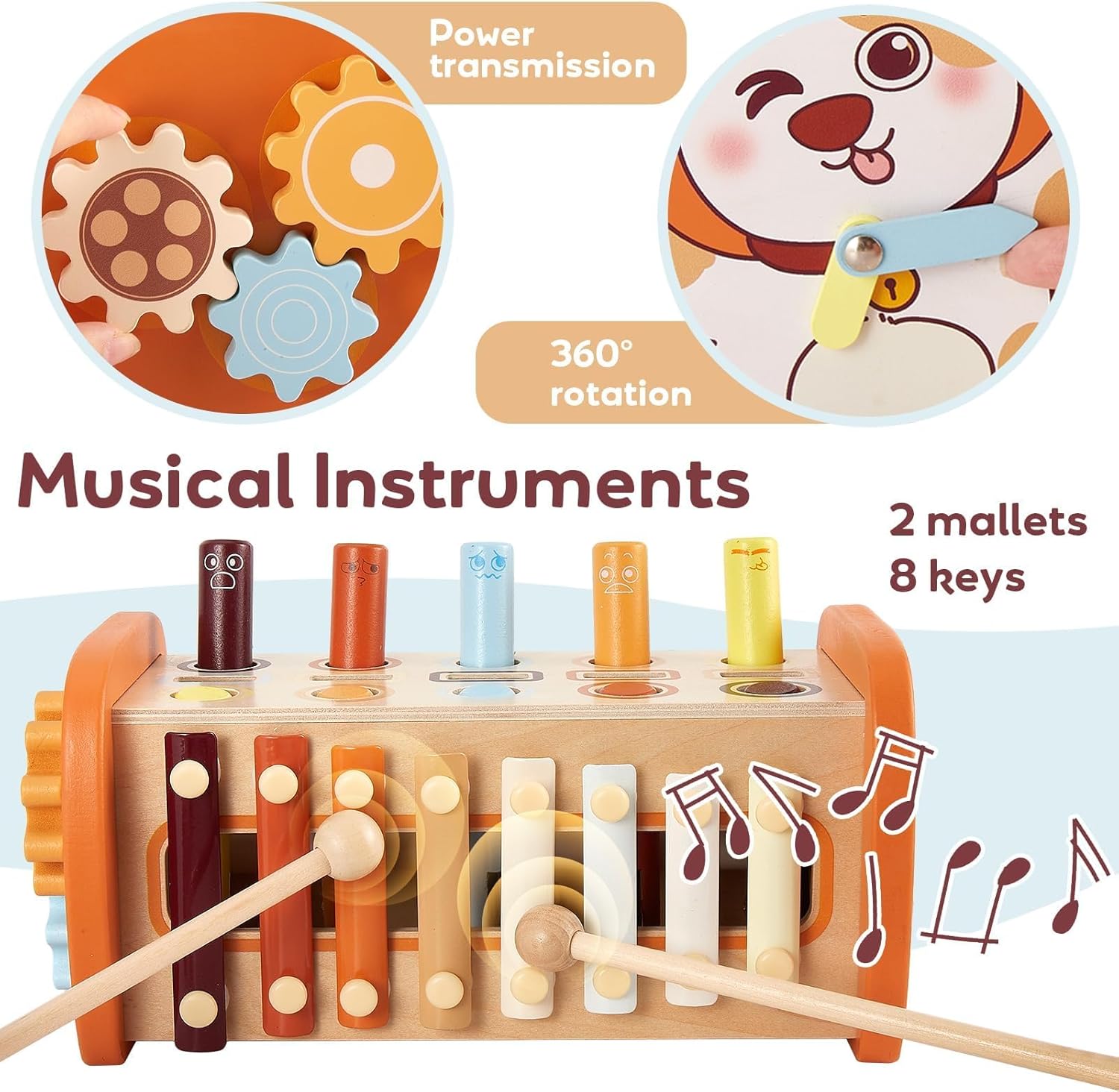 HYAKIDS Wooden Montessori Hammering Toy, 6 in 1 Baby Pounding Bench, Xylophone, Whack a mole, Learning Educational Toys, Gifts for 18+ Months Boys Girls