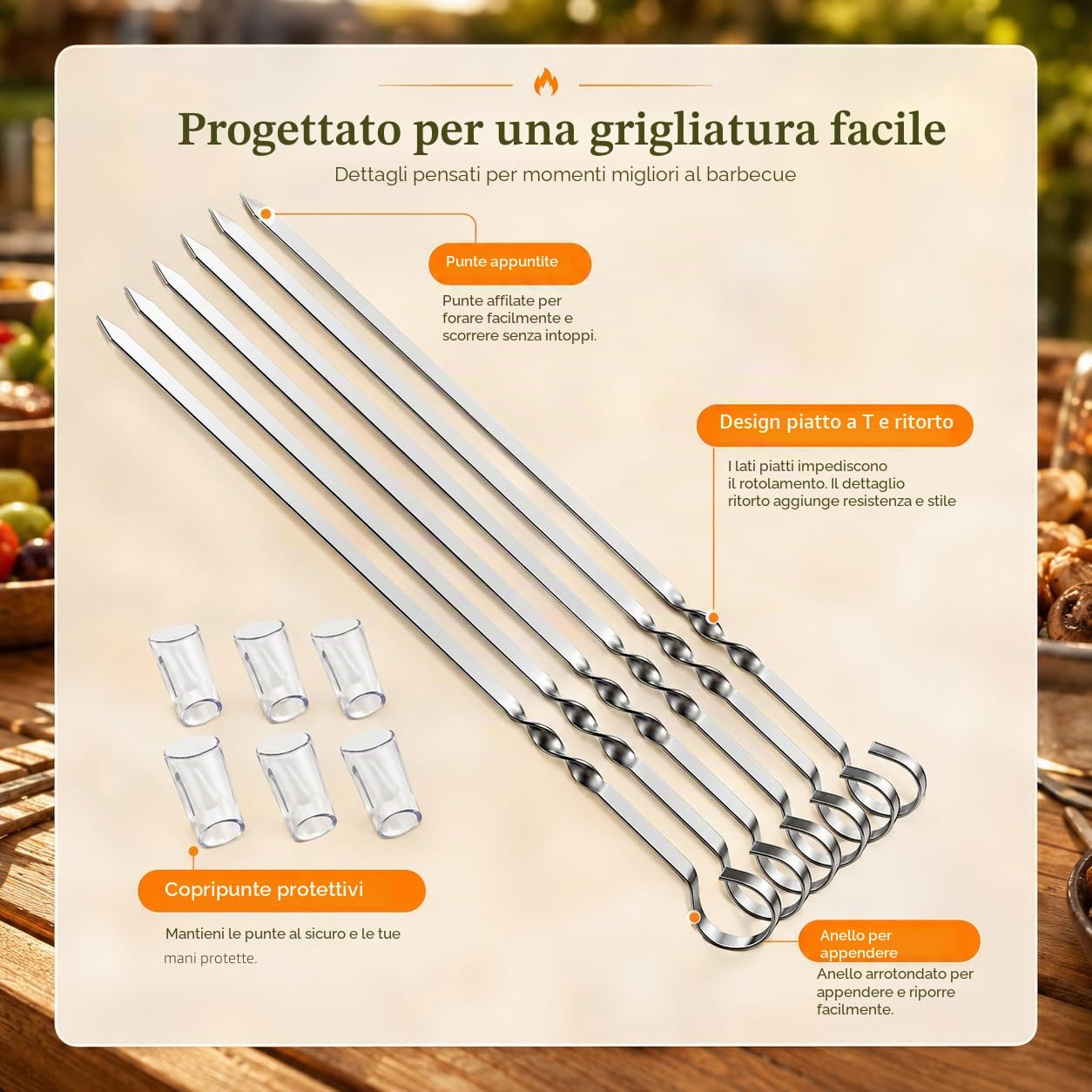 Homealexa Set di Spiedini per Barbecue, Spiedini per Griglia Kabob con Supporto, Accessori per Griglia con 6 Spiedi per Barbecue e Cornice, Accessori per Spiedi di Carne per Barbecue all'aperto
