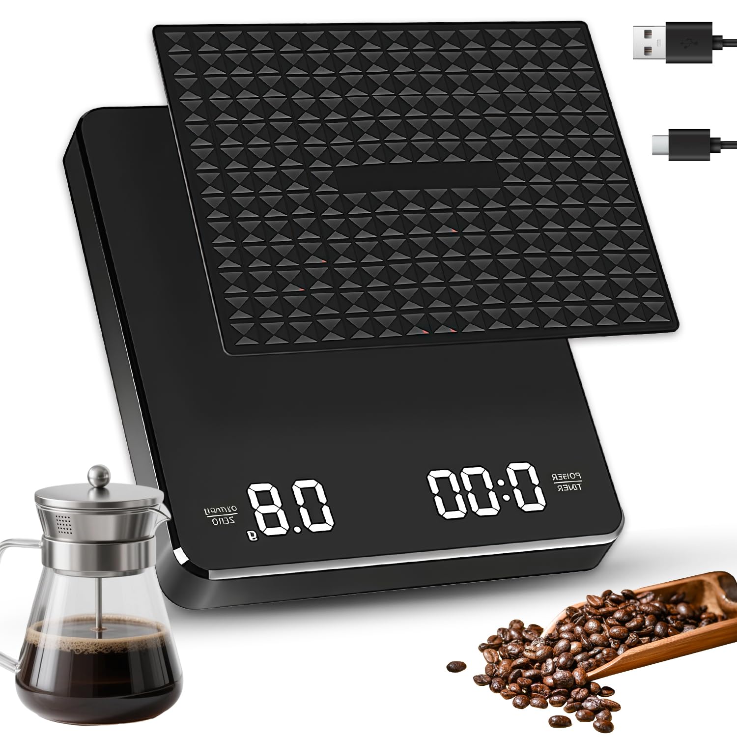 Rechargeable Coffee Scale with Timer, 0.1g/3KG High Precision Digital Espresso Scale for Espresso, Portable Kitchen Scale with Large LED Display for Pour-Over, Kitchen, Baking & Travel