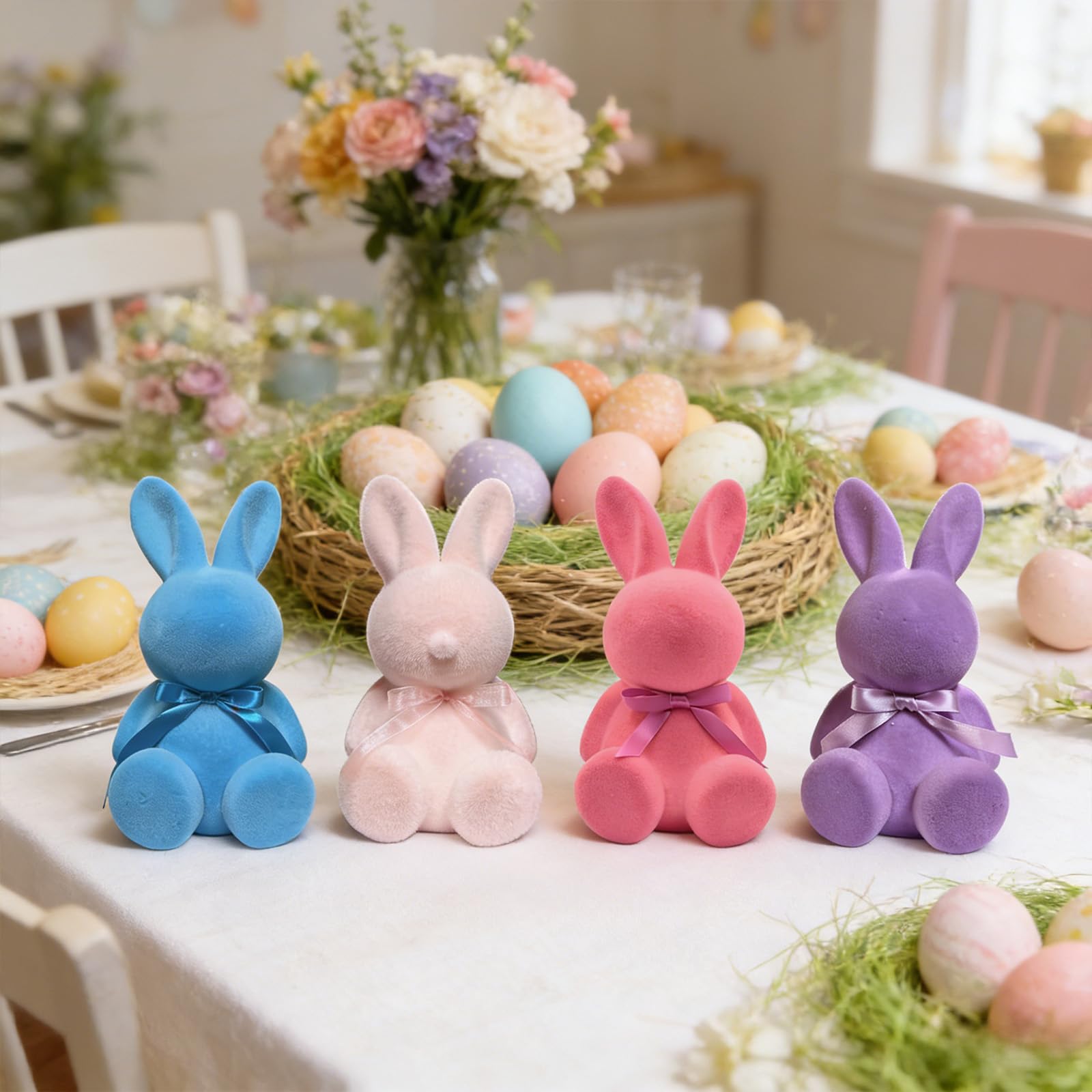Osterhasen mit Schleifen, Sitzender Hase Deko Hase,Hasenfiguren in Pastellfarben für Tisch, Regal & Wohnraum, Frühlingsdeko (Lila/Magenta/Blau/Rosa)