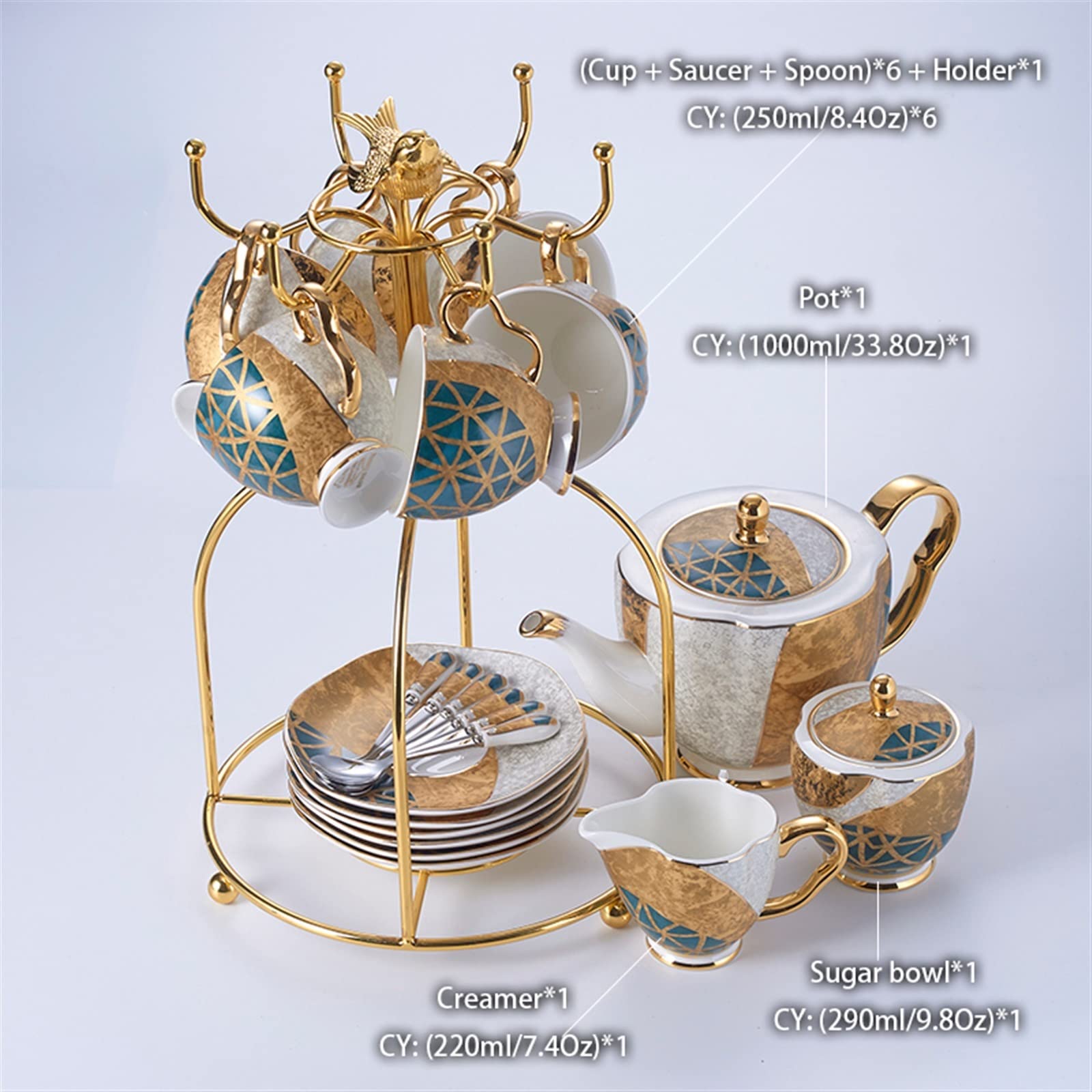 Luxus Bone China Kaffee Set Gold Inlay Porzellan Tee Set Topf Tasse Keramik Becher Zucker Schüssel Creamer Teekanne Milch Krug kaffeegeschirr (Color : 16pcs Set)