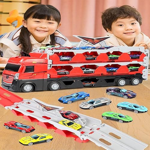 Miniatura 6 de Mega Hauler - Camión con pista de carreras de eyección, juguetes más extraños para niños y niñas de más de 3 años (8 autos de aleación)