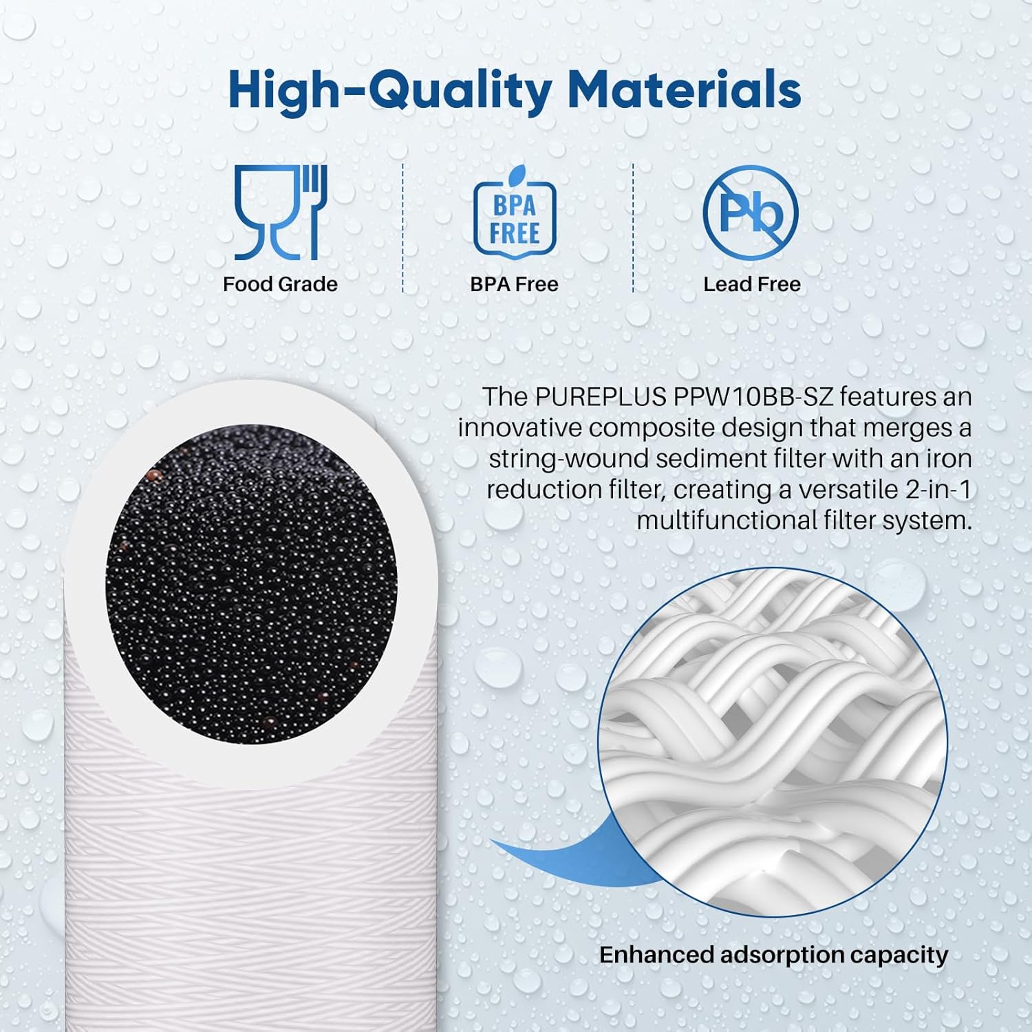 PUREPLUS 10"×4.5" String Wound Sediment Filter Compound With Iron Reducing Filter, Compatible With Whole House Water Filtration System For Well Water, 1Pack