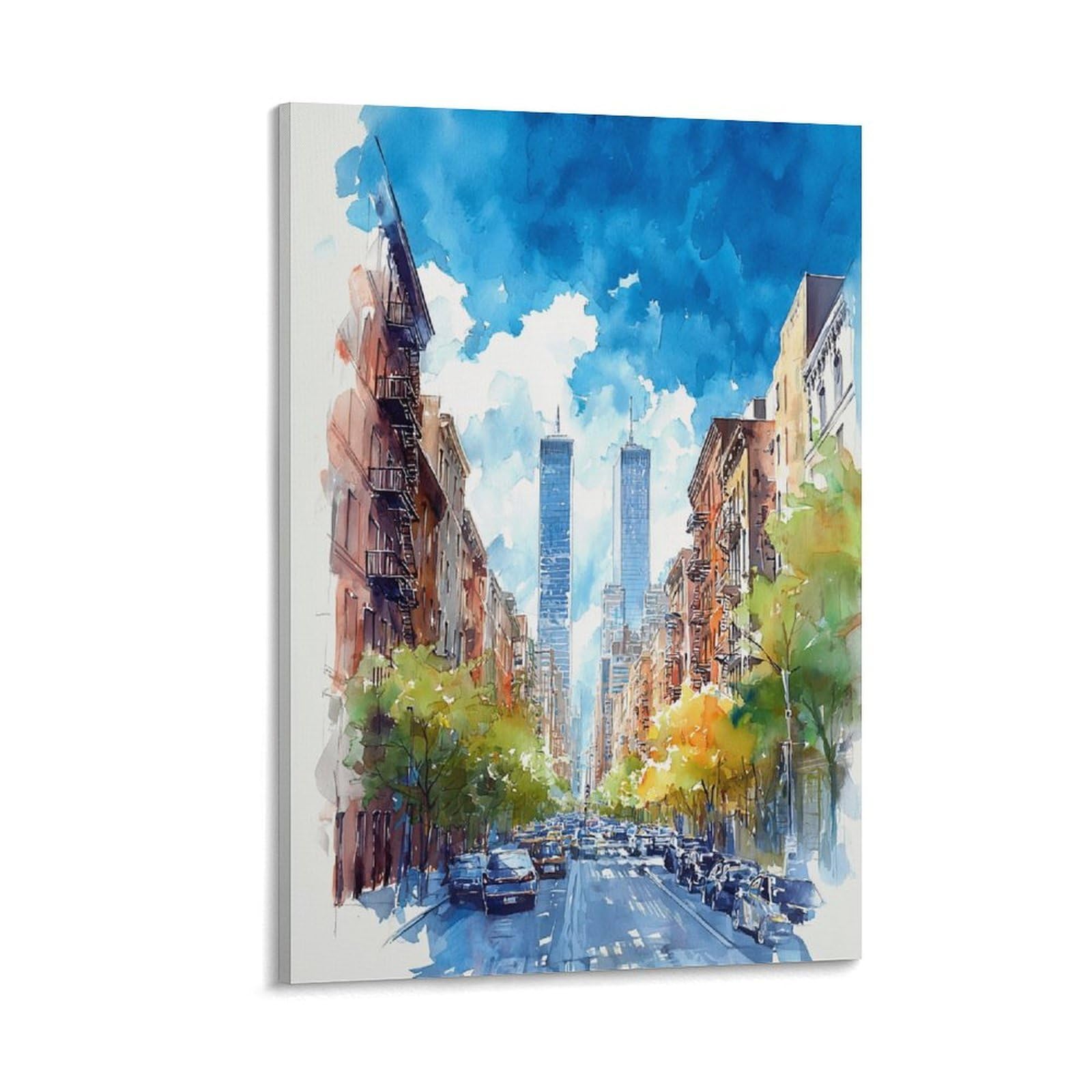 XWYMXZ Brooklyn Watercolor Painting New York Cityscape Poster Tree 24x36inch(60x90cm) Vintage Watercolor Canvas Art
