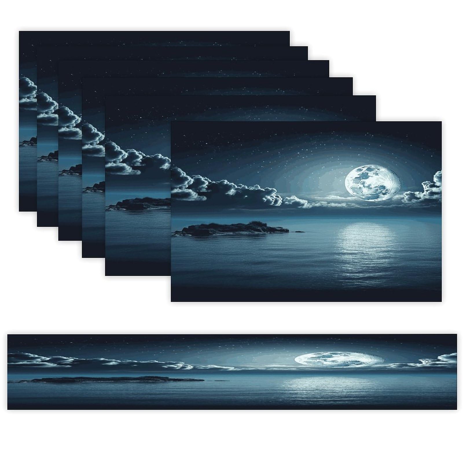 Moon Ocean Landscape Table Runner and Placemats Set of 6 for Kitchen Washable Table Mats Heat Resistant Place Mats Non-Slip Place Mat Wipeable Placemat(6 Placemats+1 Table Runner)