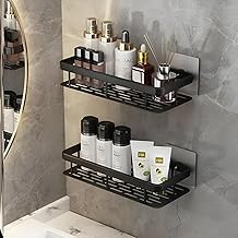 Apidian Aluminium Self - Adhesive Bathroom Shelf for Wall, Multipurpose Wall Mounted Bathroom and Kitchen Organiser Without Drill, Space Saving Stand for Bathroom and Kitchen Wall (1, Black)