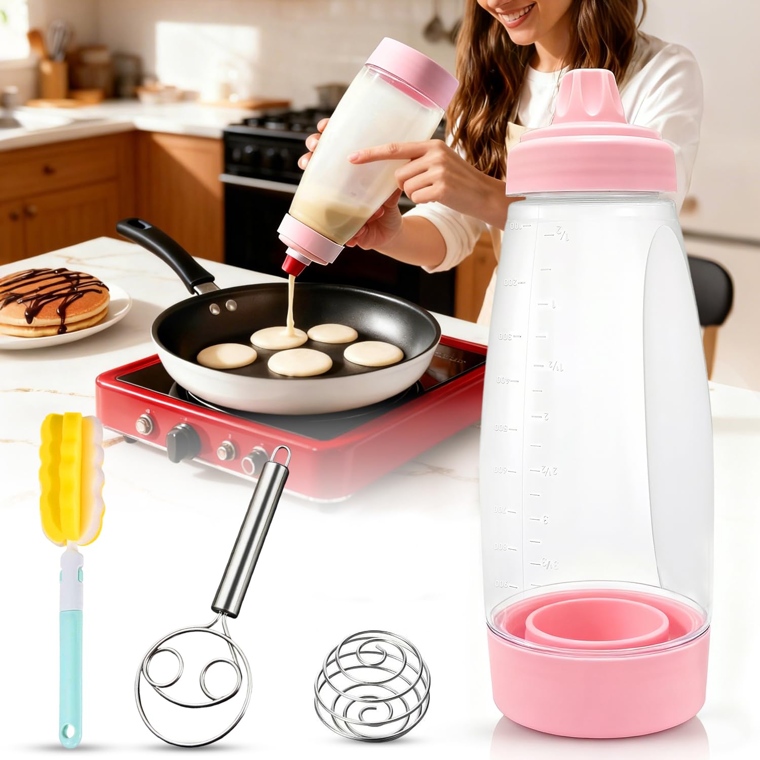 Photo 1 of *MISSING PARTS*
LITALAR Pancake Batter Dispenser Bottle Kit - 4.5-Cup Pancakes Mixer with Shaker Ball Stainless Steel Whisk and Brush,Squeeze Tool for Pink Kitchen Accessories Gifts