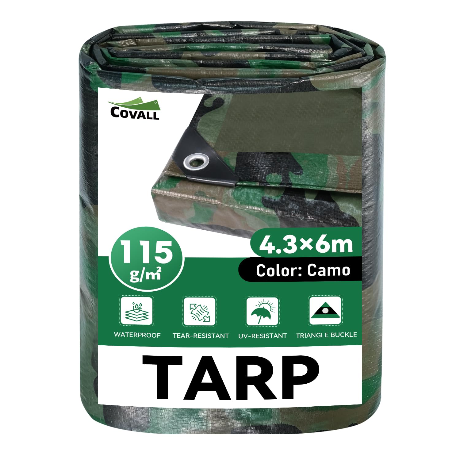 COVALL Camouflage Tarpaulin 4.3m x 6m, 115GSM Waterproof Heavy Duty Tarp, Ground Sheets for Camping, UV & Wind Resistant, Reinforced Eyelets Multi-Purpose Outdoor Camo Cover