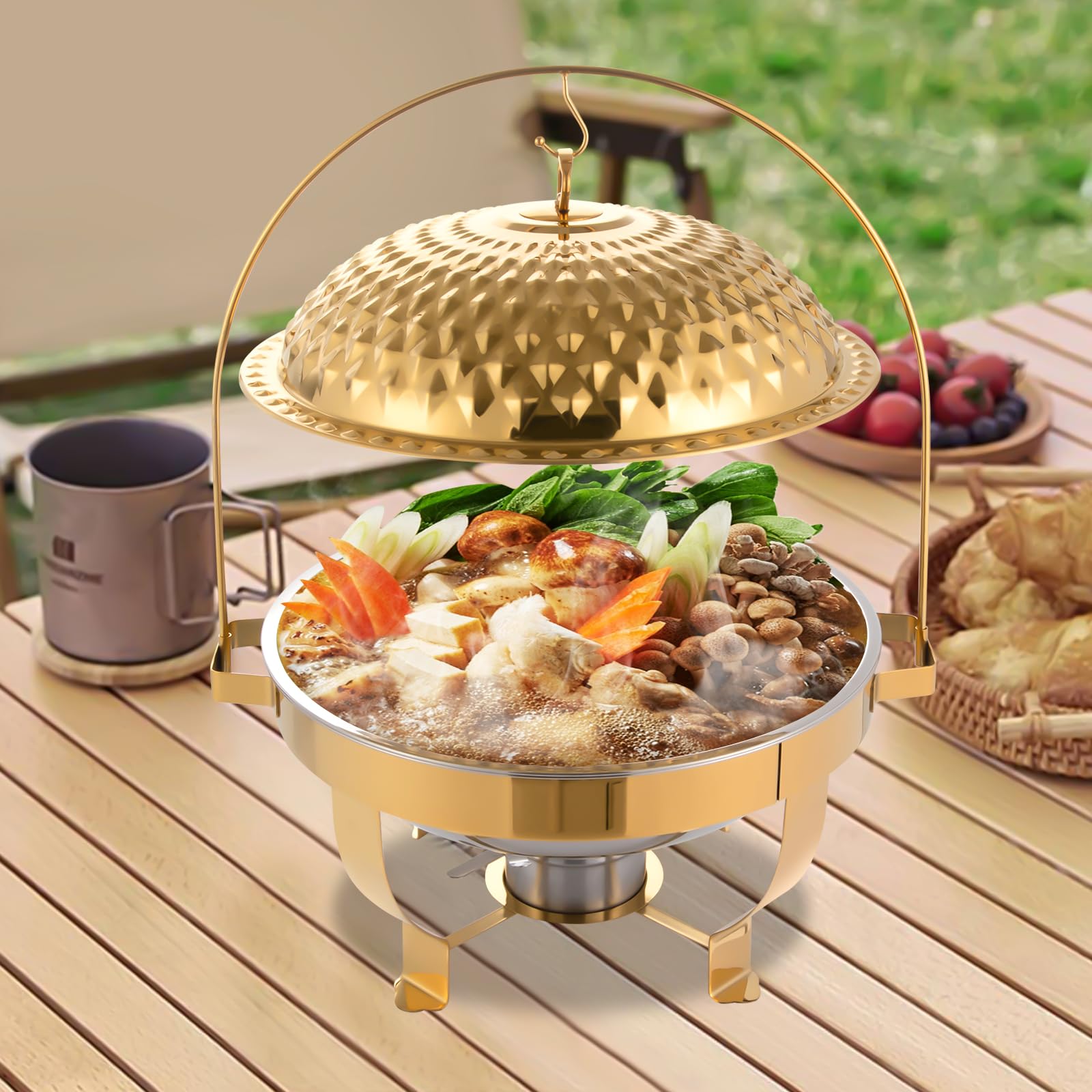 8.5QT Diamond Hanging Lid Stove Chafing Dish Buffet Set with Water Pan & Food Pan Stainless Steel Round Food Warmer Buffet Server Warming Tray for Home Wedding Parties Events (Gold)