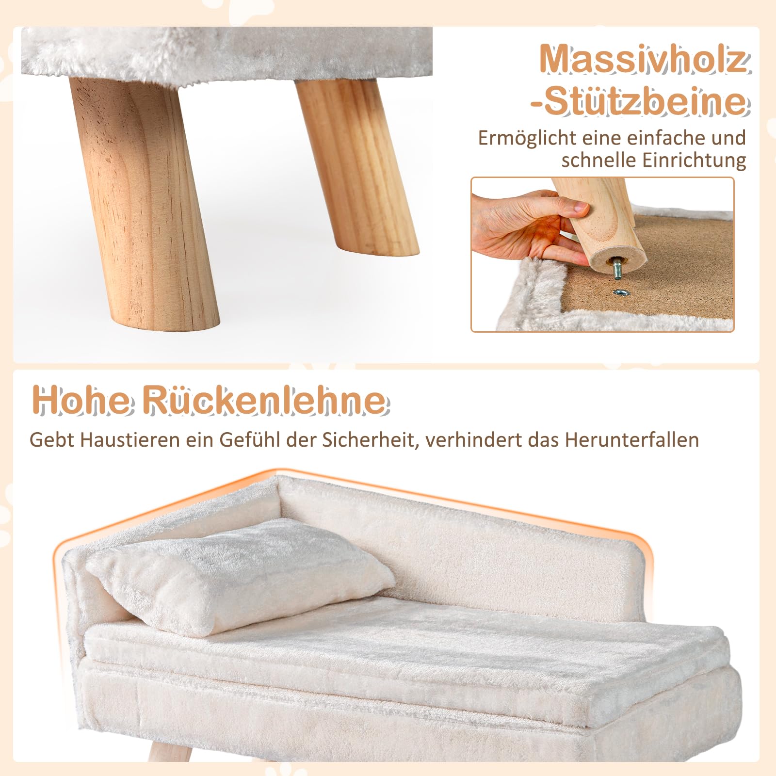 COSTWAY Katzensofa Luxus, Katzenbett erhöht, Katzencouch mit 2 abnehmbaren Kissens, Rückenlehne & Holzbeinen, Katzensessel Haustiersofa Weich, für mittelgroße & kleine Katzen, Hundesofa Indoor (Weiß)