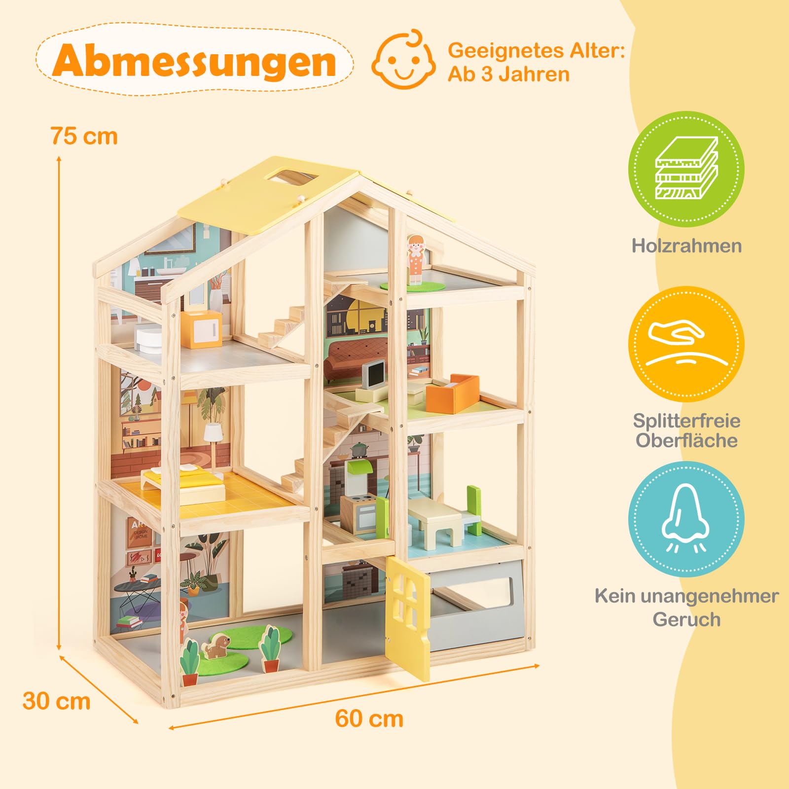 GOPLUS Drewniany domek dla lalek, zestaw do zabawy z 7 pokojami, 18 mebli, 2 figurki i 1 pies dla zwierząt domowych, wymarzona willa z realistycznymi meblami, 4-piętrowy domek z zabawkami dla