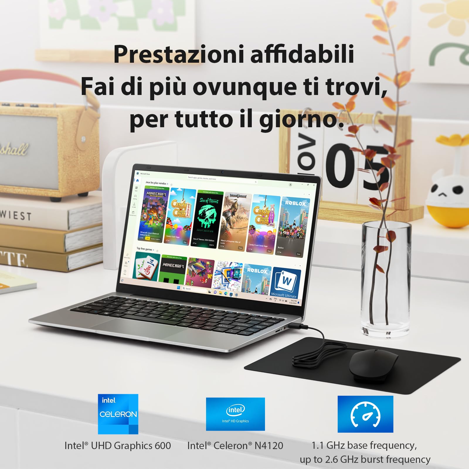 PC Portatile 14 Pollice Notebook, CPU Celeron N4120, 256GB SSD, RAM 16GB DDR4, Display 14,1" FHD 1920 * 1080 IPS, 2.4G/5G WiFi, Doppi altoparlanti, Computer Portatile con Mouse, Tappetino per mouse