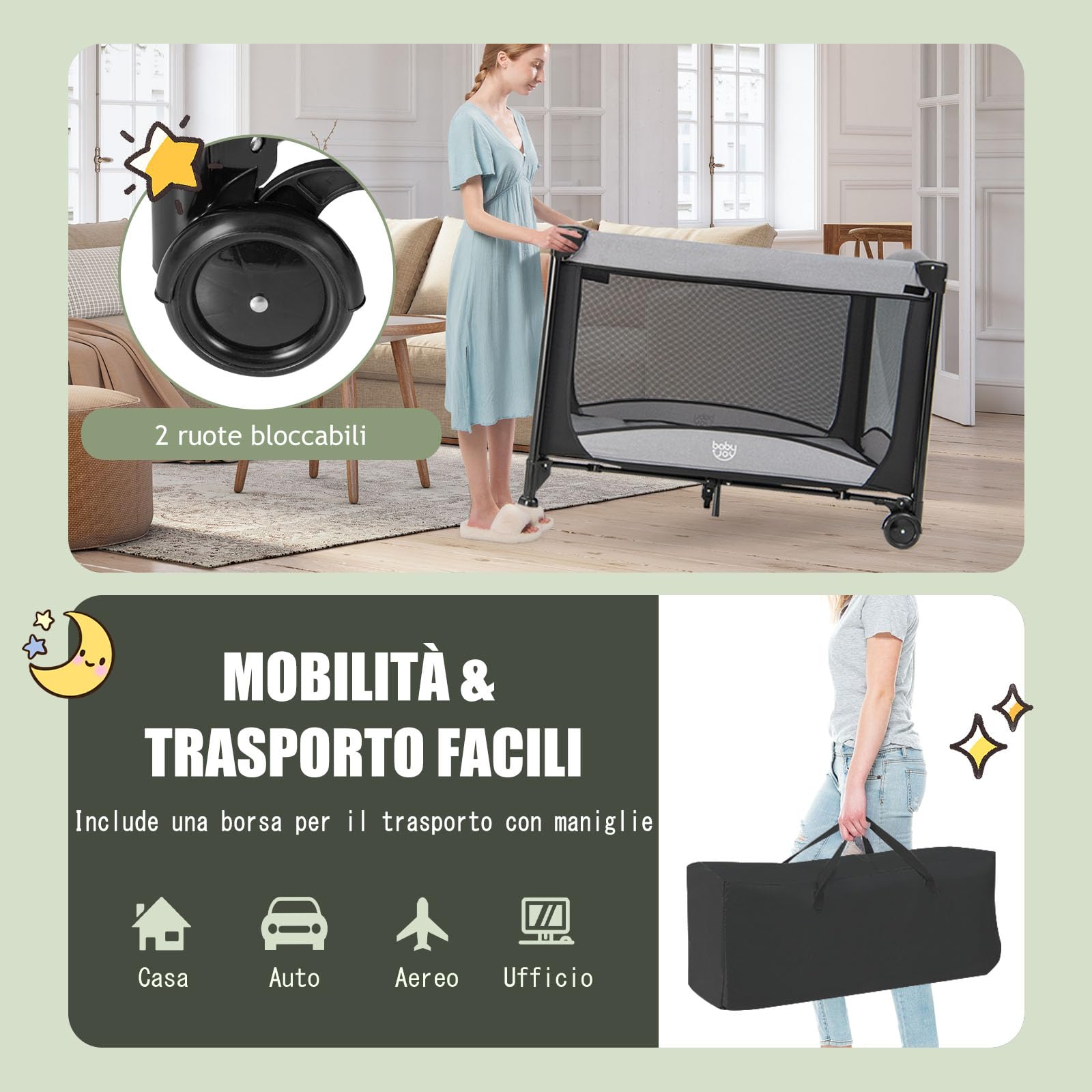 RELAX4LIFE 5-in-1 Lettino da Campeggio per Bambini, Culla Neonato Fianco Letto, Lettino Neonato con Materasso, Ruote Bloccabili e Borsa per il Trasporto, per Bambini 0-36 Mesi (Nero)