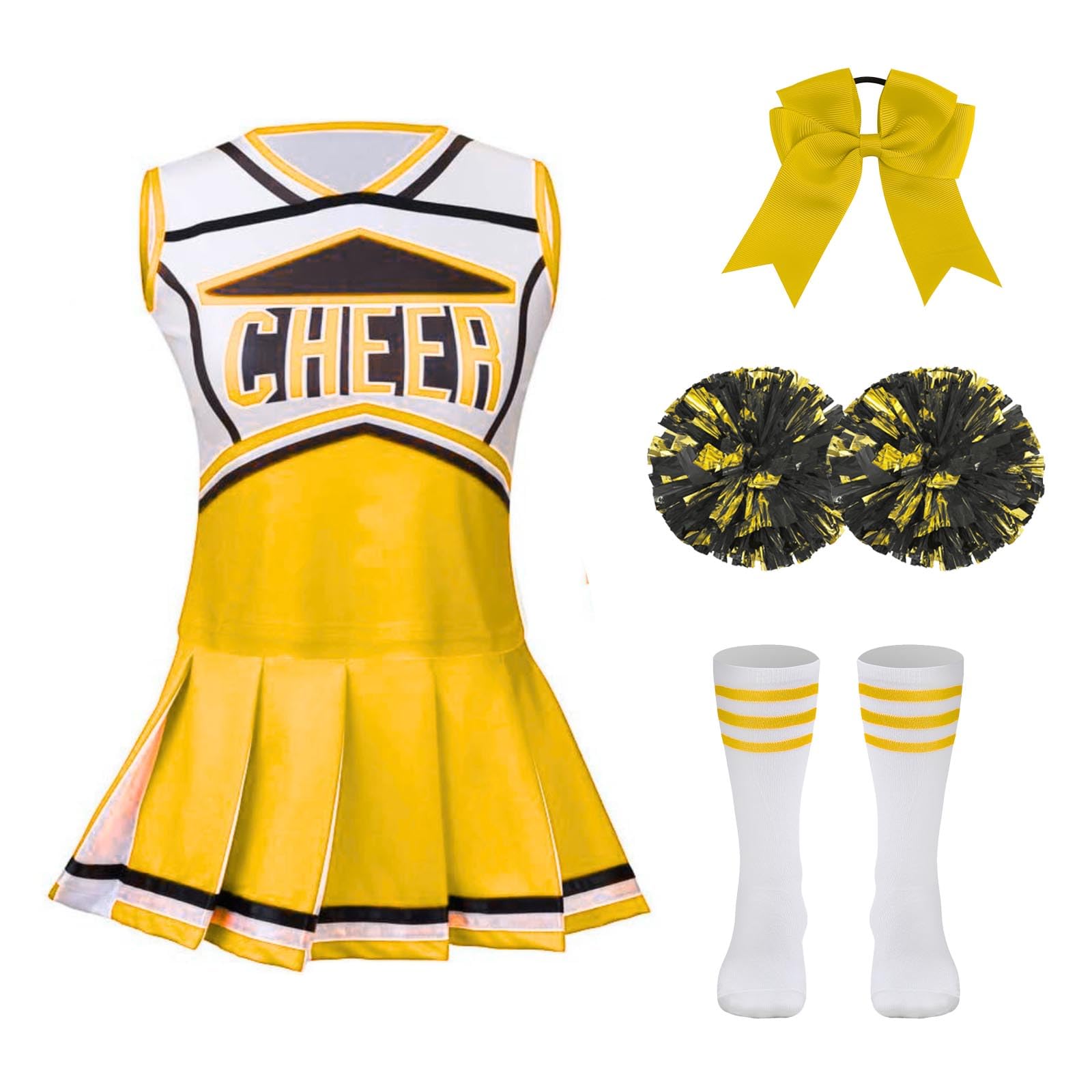 DELIVESS Cheerleader Costum for Girls Cheerleading Outfit Kids School Cheer Uniform 5 Pcs Set for Halloween Party Dress up 8-9 Years (140