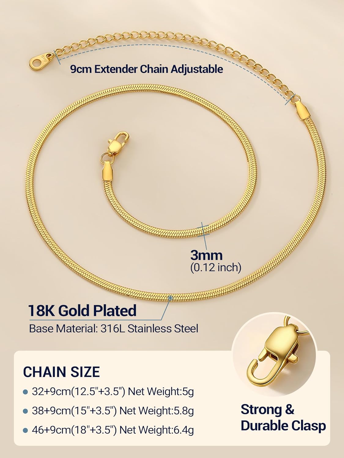 PROSTEEL 3mm/5mm Herringbone Choker Necklace for Women, 12.5"/15"/18", Stainless Steel/Sterling Silver Flat Snake Chain in Silver/Yellow Gold/Rose Gold/Black, Come with Box - Image 5