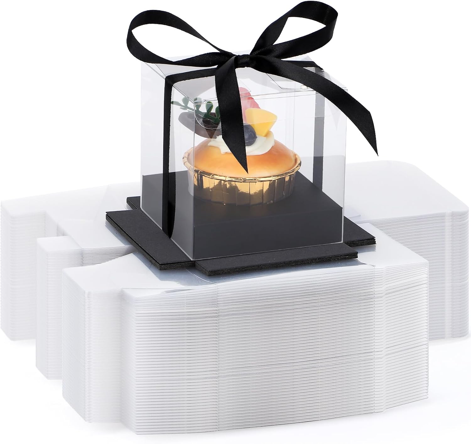 EUSOAR Black Cupcake Containers, 100pcs 3.5 Inch Individual Cupcake Wrappers Cupcake Holder, Single Display Plastic Cupcake Carrier with Ribbon and Inserts for Wedding Birthday Party Favor