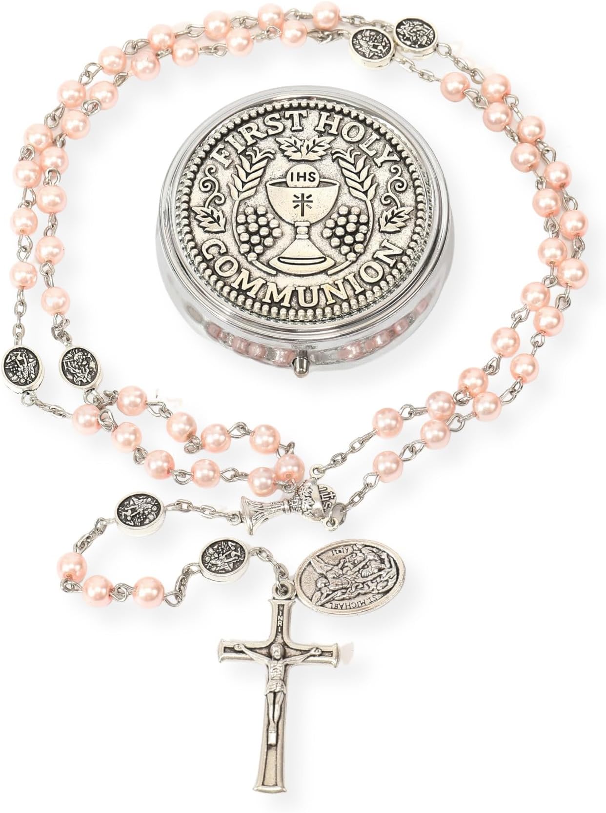 Pearl 8mm Beads Rosary Necklace Guardian St.Michael Medal & Chalice Centerpiece Holy Communion Rosaries