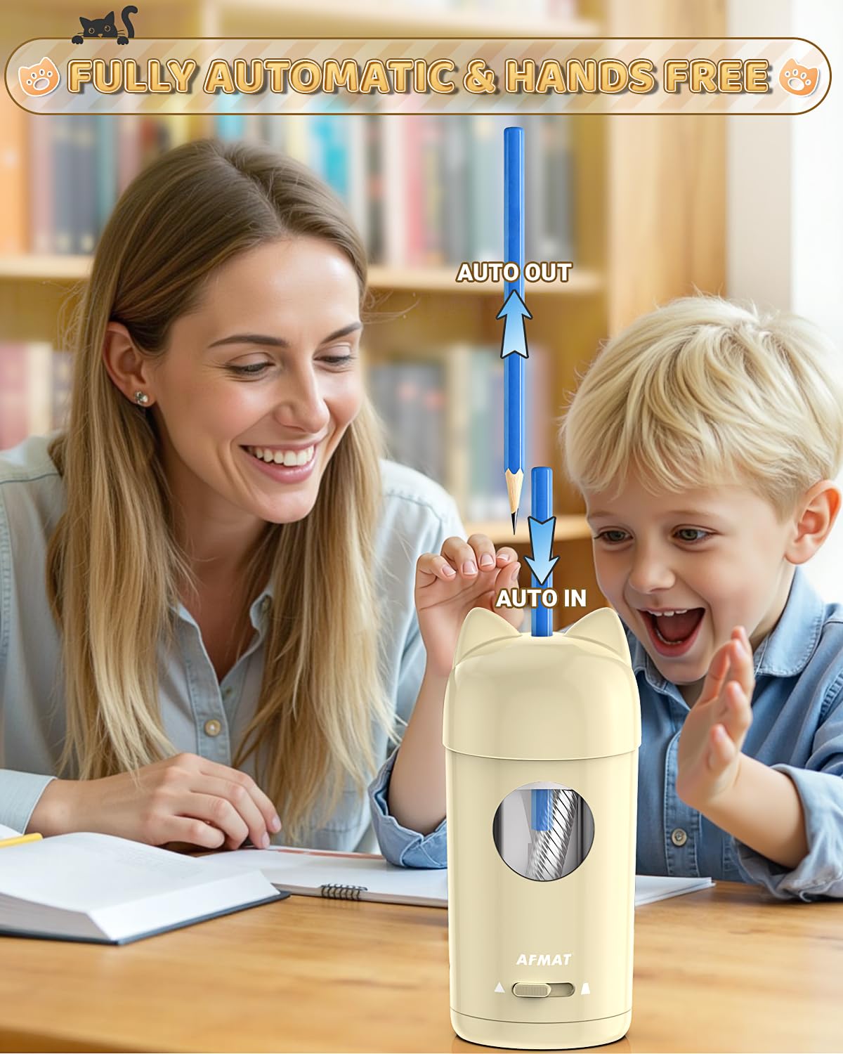 AFMAT Electric Sharpener with Container, Cute Pencil Sharpener with Cat Ears, Fully Automatic & Rechargeable, Auto in Out for 7-8mm Pencils,Gift for Kids Artists Home School Studio Use,Off White PSX9 - Image 2