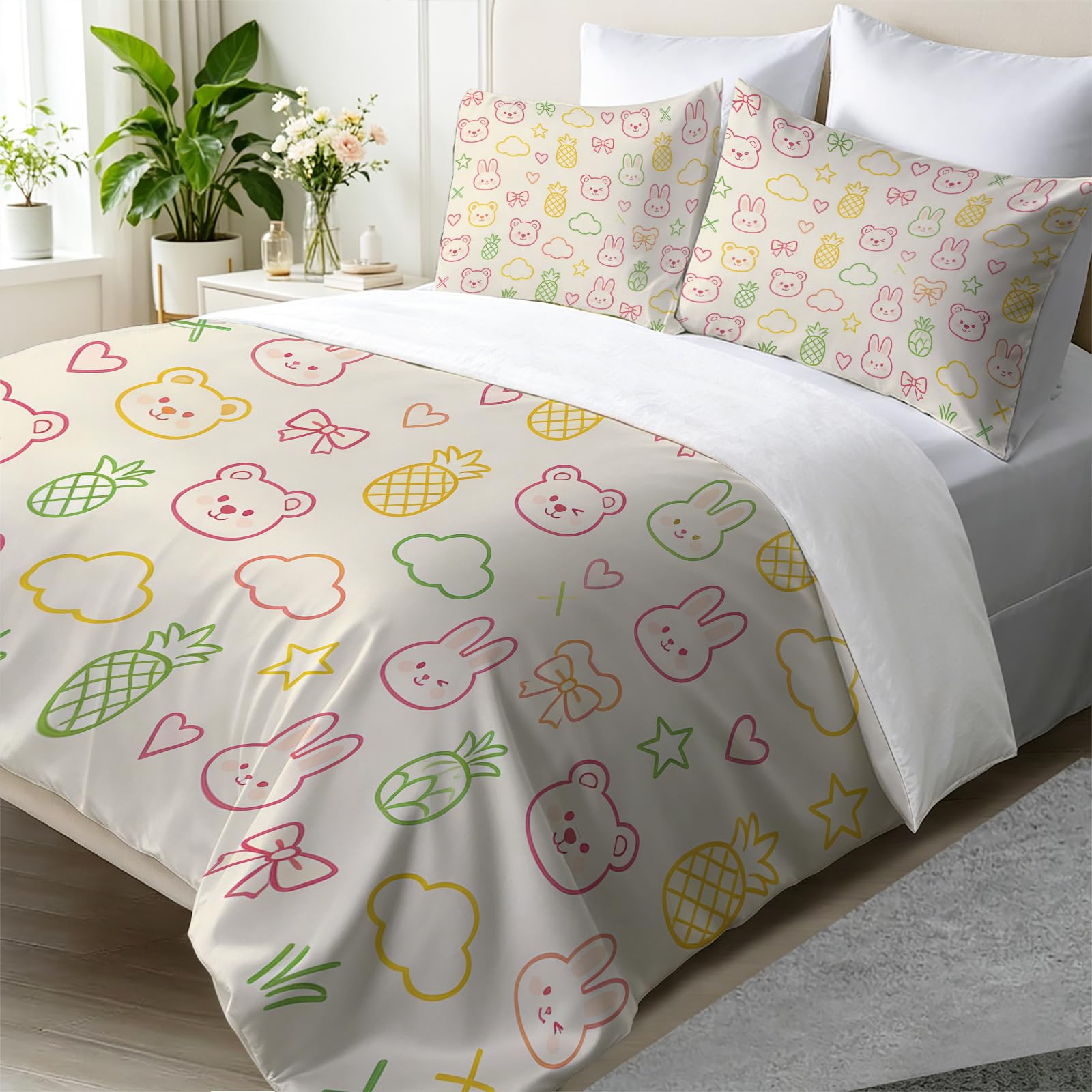 Housse de couette adulte 240x260 blanc cassé parure de lit 3 pièces microfibre dessin