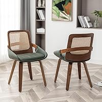 Set of 2 Mid-Century Modern Green Rattan Dining Chairs, Walnut Bentwood Frame, Ergonomic Back & Arms for Kitchen Living Room