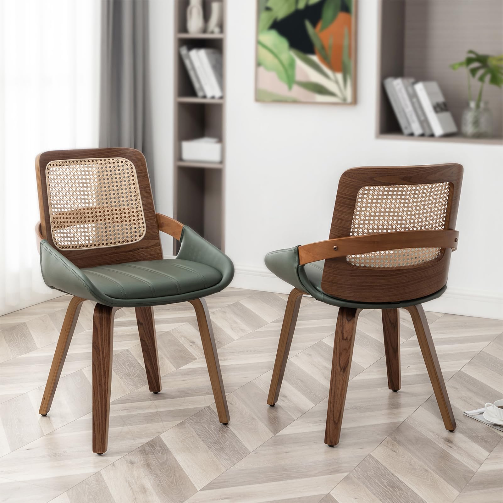 Set of 2 Kitchen & Dining Room Chairs - Green Dining Chairs with Walnut Bentwood Frame, Ergonomic Rattan Back, Curved Arms, Rattan Dining Chairs for