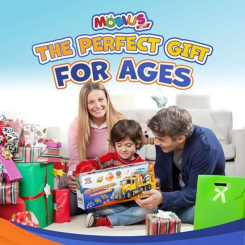 Vista 14 de MOBIUS Toys Camión de juguete de plataforma plana para niños – Vehículo de construcción accionado por fricción con luces intermitentes y sonidos
