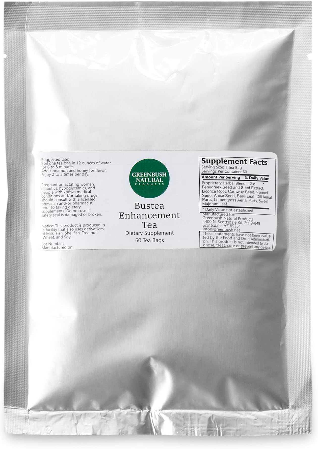 Greenbush Bust Tea, Organic Breast Enhancement Tea with Fenugreek Seed, Fennel Seed, Caraway Seed, and Other Natural Ingredients, Herbal Breast-Enhancer Formula, 60 Tea Bags (2 Grams per Bag)