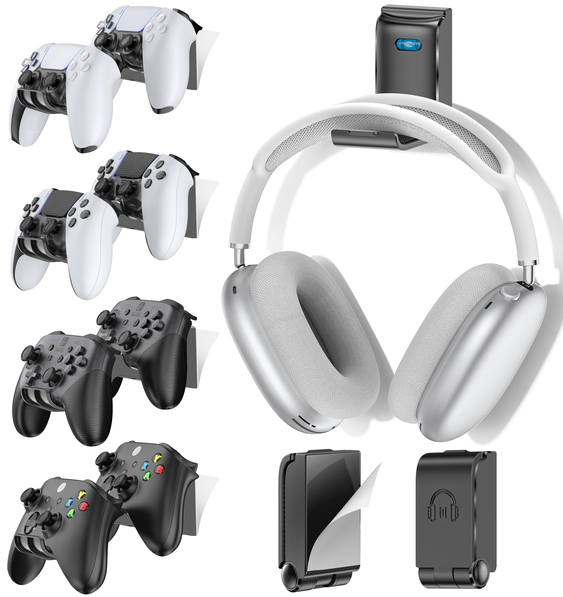Gaming Accessories Controller & Headphone Stand, Wall Mount Holder for 8 Remotes & Foldable Headset Stand, Universal Wall-friendly Game Controller