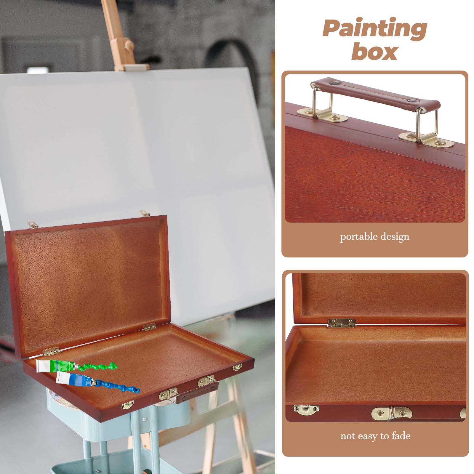 Boîte à Outils de Peinture Bois avec Poignée Confortable Rangement Compact et Compartiments Sécurisés pour Stylos Pigments et Accessoires Artistes