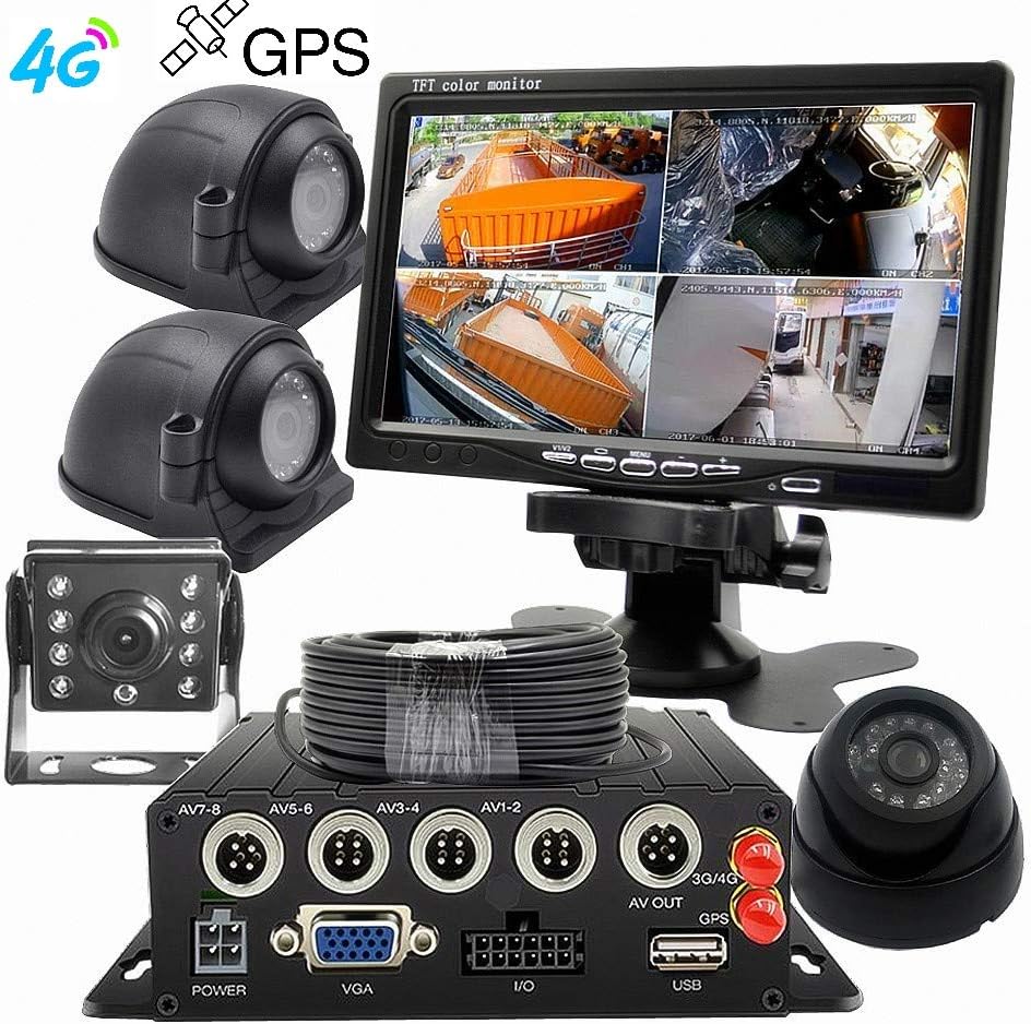 WeniChen 4G GPS 720P MDVR kit for Bus Truck Trailer Real Time Remote Monitor on PC Smartphone - 4CH 128GB SD Card Video Recorder + 4X Front Side Rear View Cameras + 7" VGA AHD Monitor + 4pcs Cables