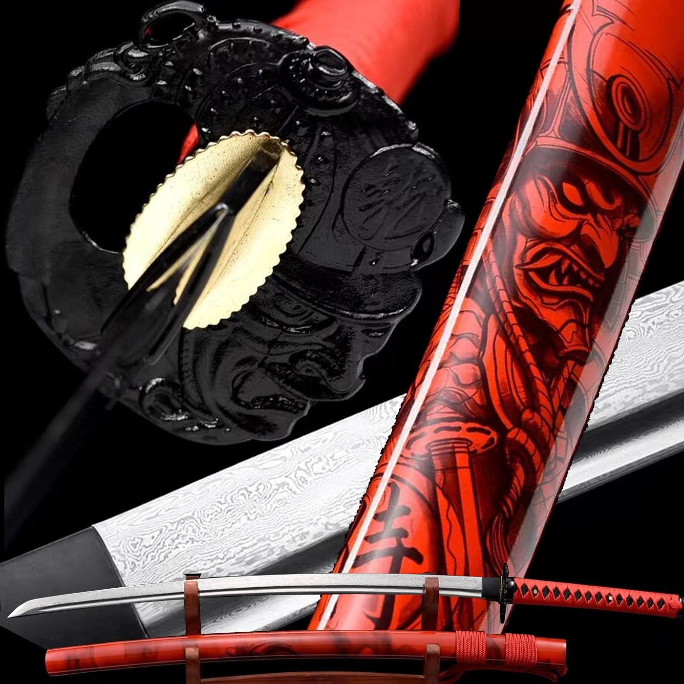 HERO SWORD Handmade Sharp Katana Hand Forged Damascus Steel Katana Sword Authentic Japanese Samurai Sword Full Tang Blade Real Weapon Combat Ready (Red)