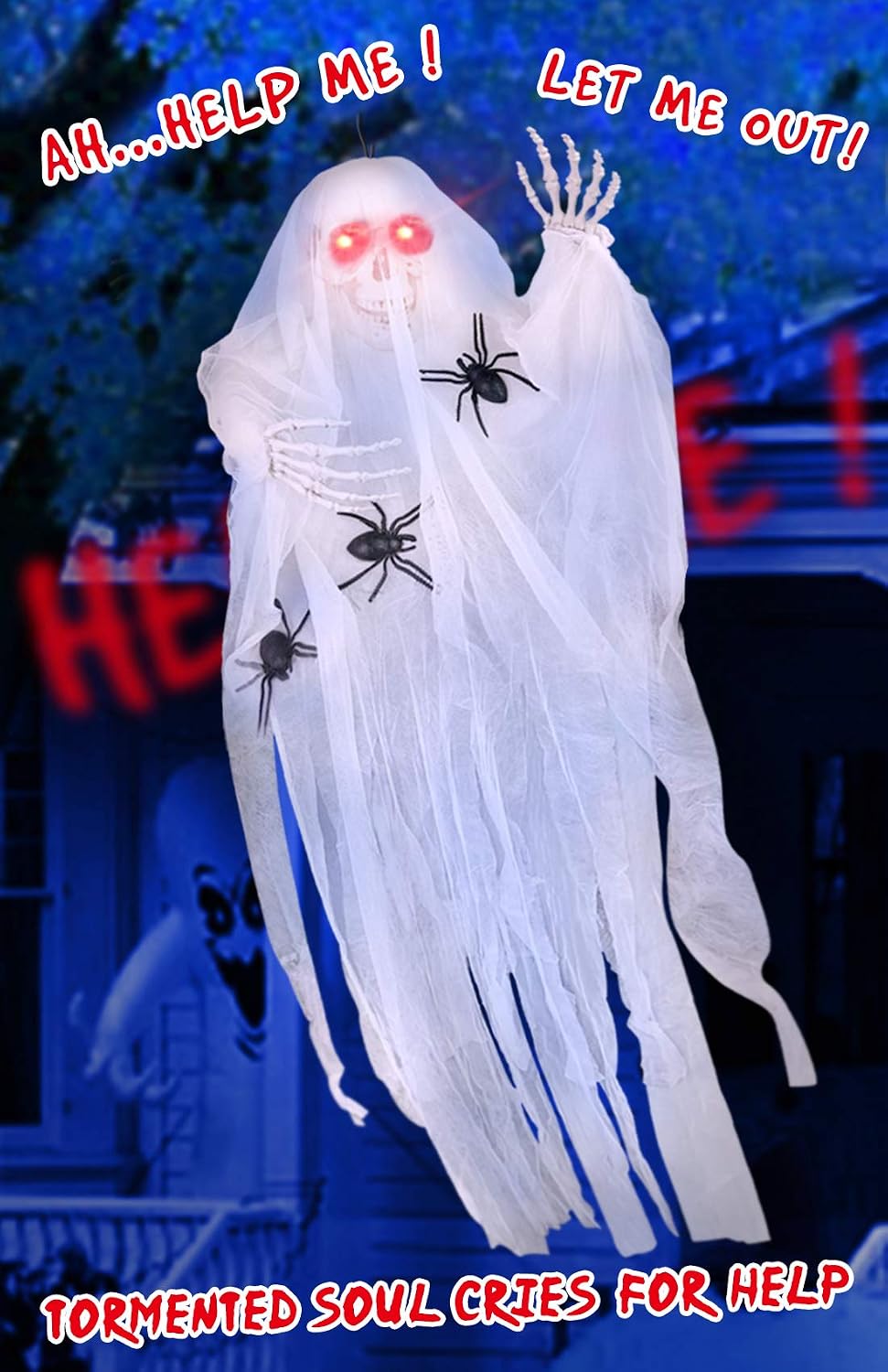 ESSENSON Halloween Decorations Hanging Ghost, 67 Inch Animated Skeleton with Red Eyes and Voice Activated, Scary Skeleton Props for Window Wall and Outdoor Indoor Yard Patio House Decor