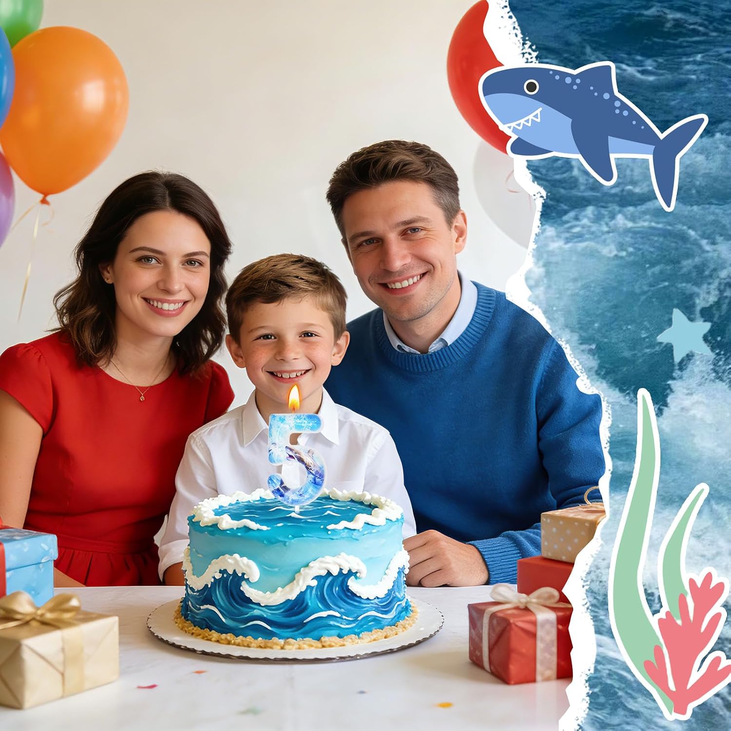 Shark Birthday Candles, Shark Party Decoration Supplies, Birthday Number Candles for Cake Topper (Blue, Number 5)