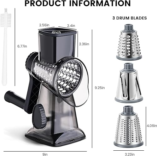 Miniatura 6 de HANSGO Rallador giratorio de queso, manivela de mano, trituradora, 3 cuchillas de metal de gran diámetro y cepillo de limpieza, base de succión