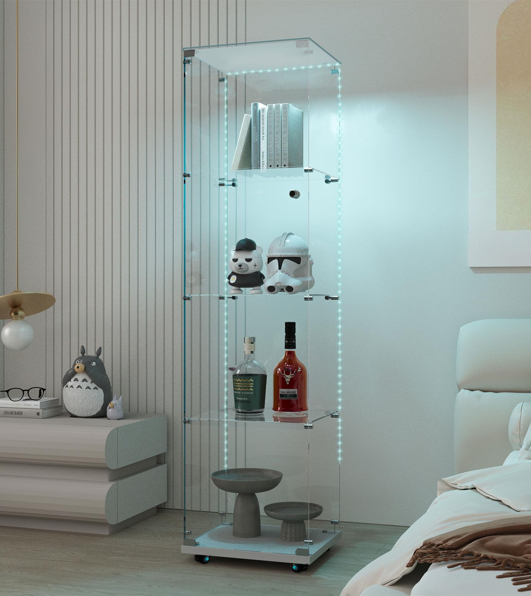 Modern Glass Display Cabinet 4-Shelf with LED Light, Lock and Wheels, 1 Door Curio Cabinets, Tempered Glass Collection Display Showcase for Living Room Home Office,15.6x13.5x65 H,White
