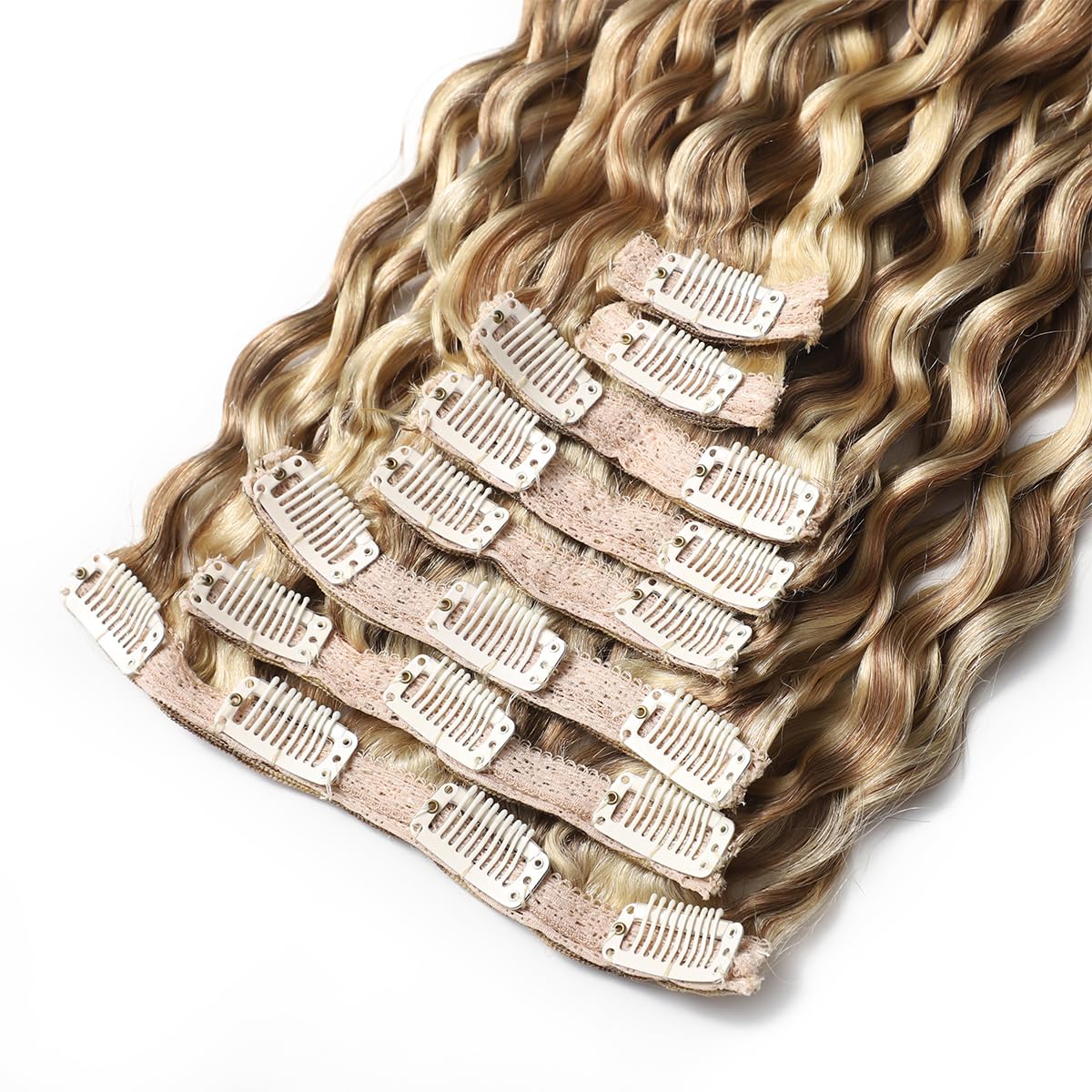 Extensiones de clip 9A de pelo natural rizado grande, con mechas balayage marrón y rubio, extensiones de pelo humano Virgin Remy P8/613# 40cm/16pulg