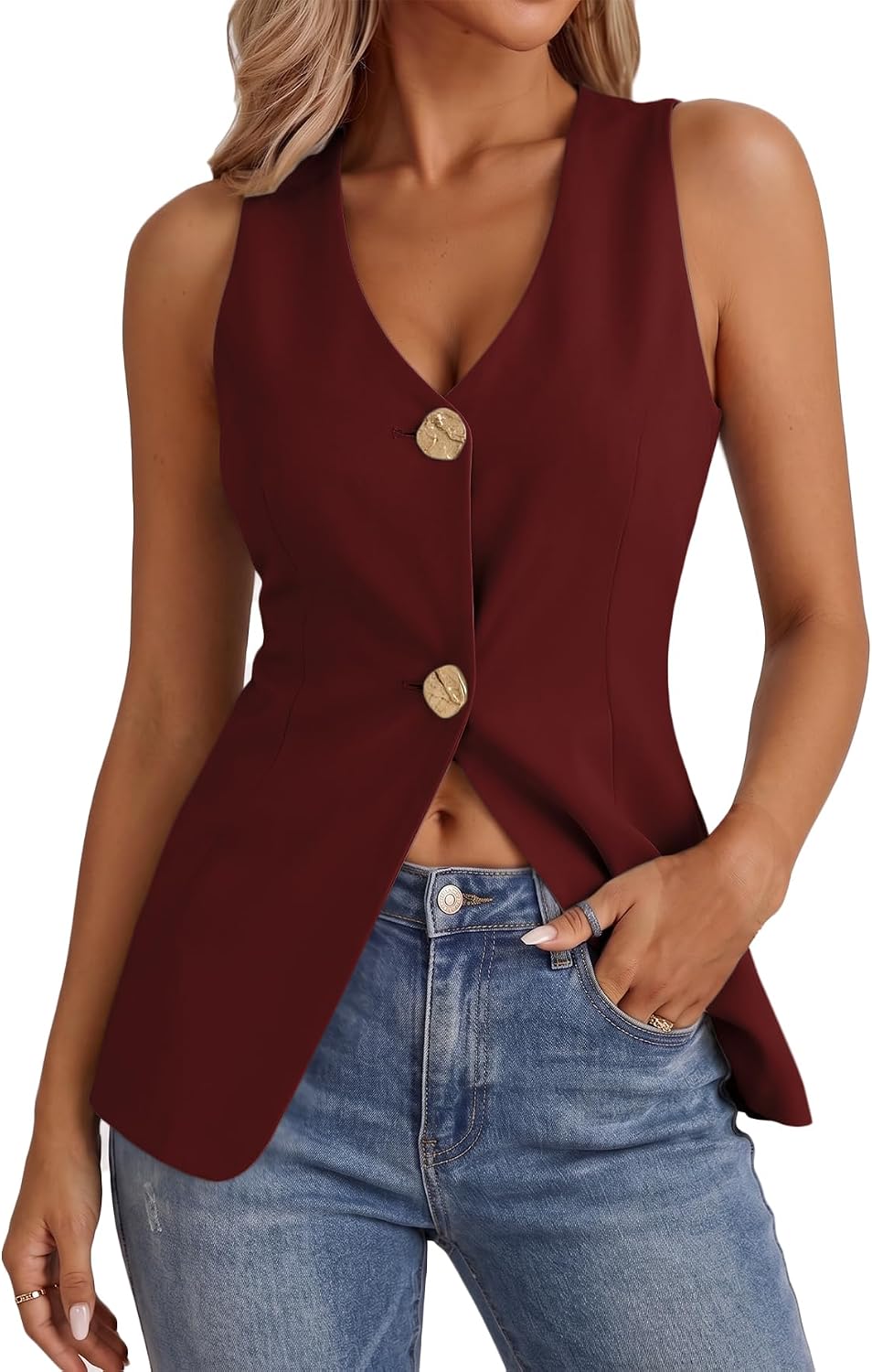 Mina Self 2026 Summer Womens Sleeveless Vest Tops Breasted V Neck Trendy Casual Work Office Slim Outwear Suit Jacket