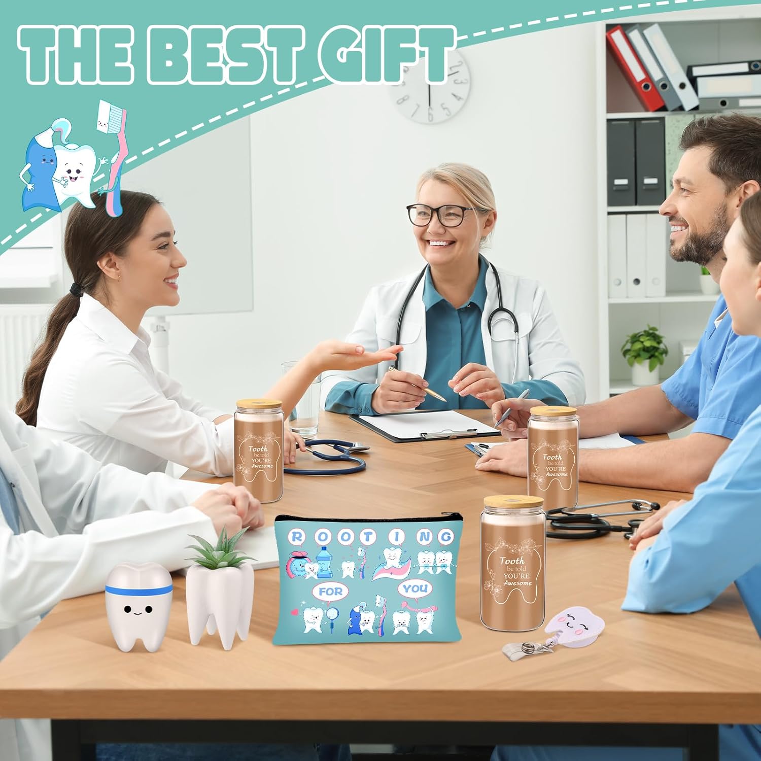 Pickmesh 6 Pcs Dental Gifts Dentist Assistant Hygienist Gifts 16 oz Glass Cups with Lid Makeup Bag Socks Badge Holder Tooth Brush Pot for Women Coworkers Doctor Nurse Christmas Accessories(Blue) - Image 4