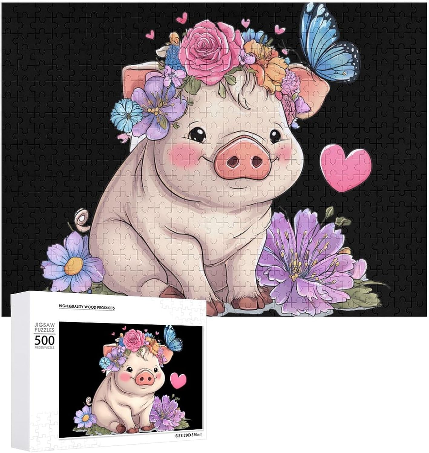 Cute Pigs Butterfly Heart Puzzles for Adults 500 PCS Wooden Jigsaw Puzzle Wall Decor Christmas