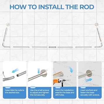 L Shaped/U Shaped Shower Curtain Rail, [60-92]X[78-198]X[60-92]cm Adjustable Shower Curtain Pole, Wall Mounted Curved Shower Rail With 12 Rings & Ceiling Support, Need Drilling, Brushed Nickel