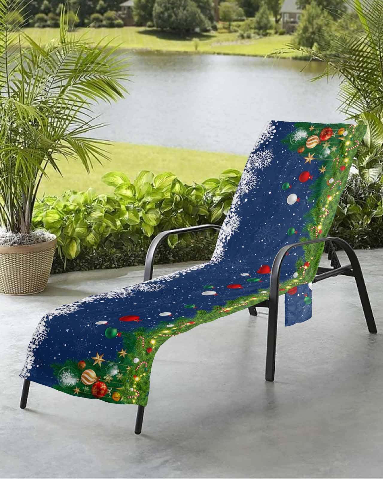 Blue Christmas Beach Chair Towel Covers for Chaise Lounge with Side Pocket, Soft Plush Pool Towels Cover for Patio Sunbathing Outdoor 29''x85'' Xmas Snowflake Red Balls Branches