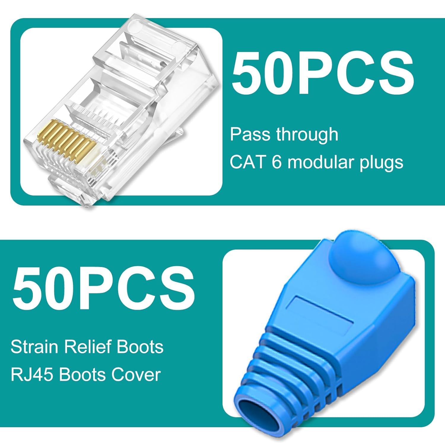 XIKKART UTP RJ45 Connectors, Cat6 RJ45 Pass Through Plugs 50-Pack, Cat6 RJ45 Plugs with 50-Pack Strain Relief Boots for Solid or Standard Ethernet Cables, Transparent - Image 2 thumbnail