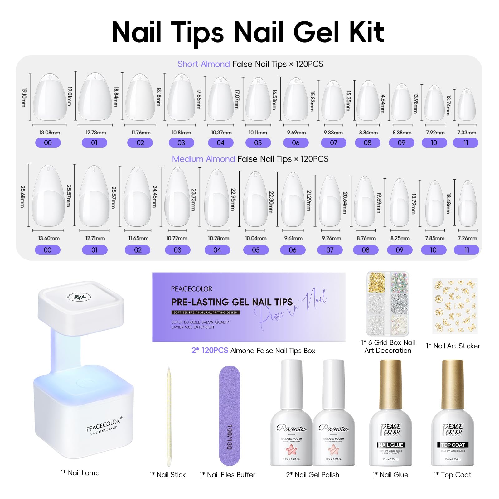 PEACECOLOR Tips für Gelnägel, 240Pcs Nageltips Kurze Mandel & Medium Mandel, Nude Rosa Jelly Nail Polish mit Top Coat, Mini UV Lampe für Nägel, Nagelkleber