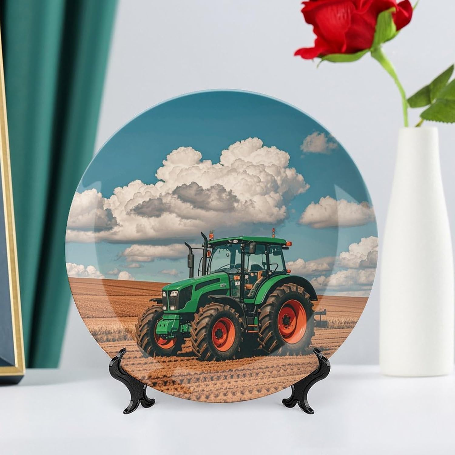 Tractor Under Blue And White Clouds Bone China Decorative Plate with Display Stand, Ceramic Ornaments Plate for Wall Hanging, Personalized Porcelain Plates for Office, Living Room 10inch