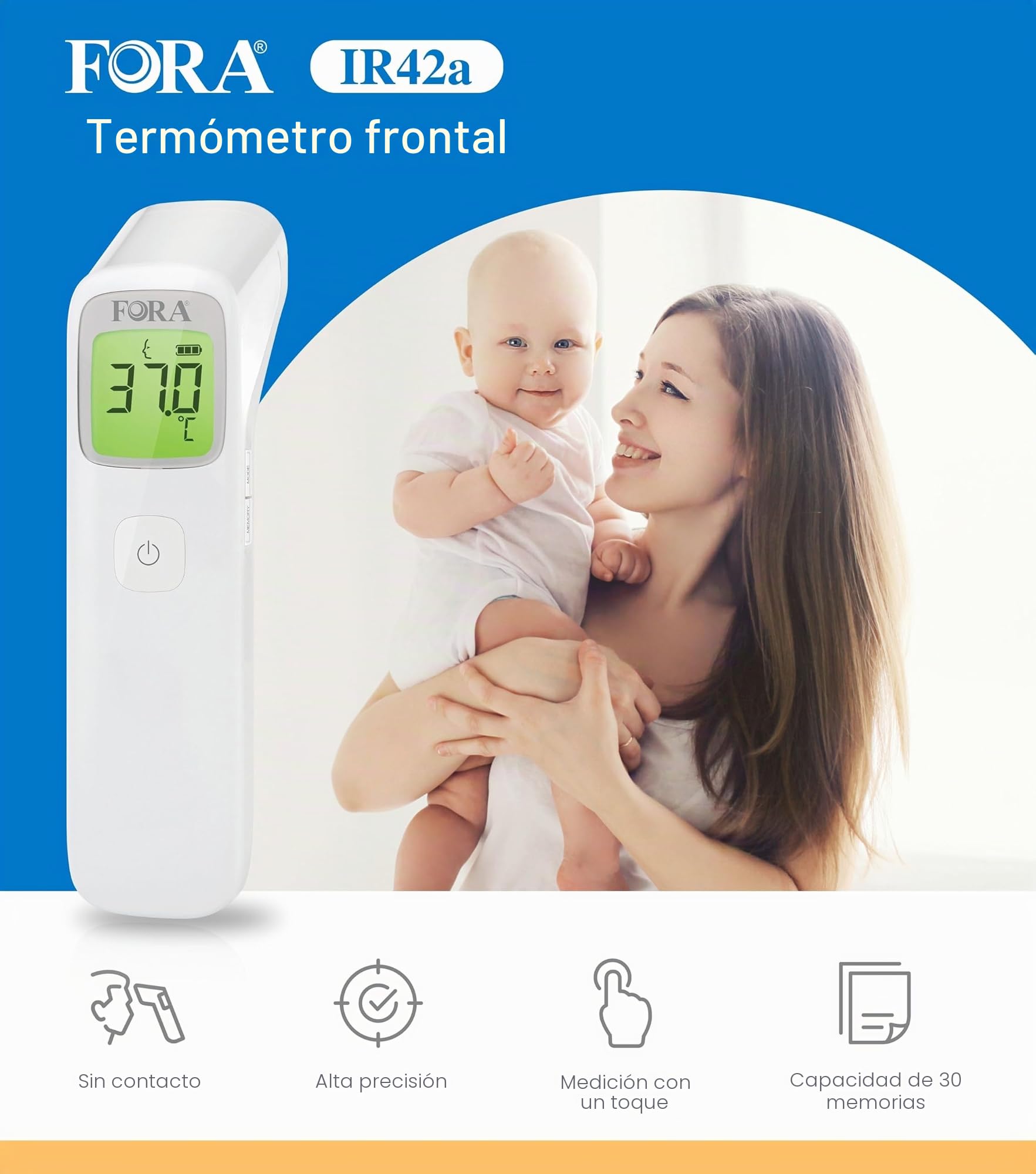 FORA IR42 Termómetro de frente - Termómetro infrarrojo para fiebre, sin contacto, medición inmediata y precisa para bebés, adultos y objetos, indicador LED y advertencia de fiebre