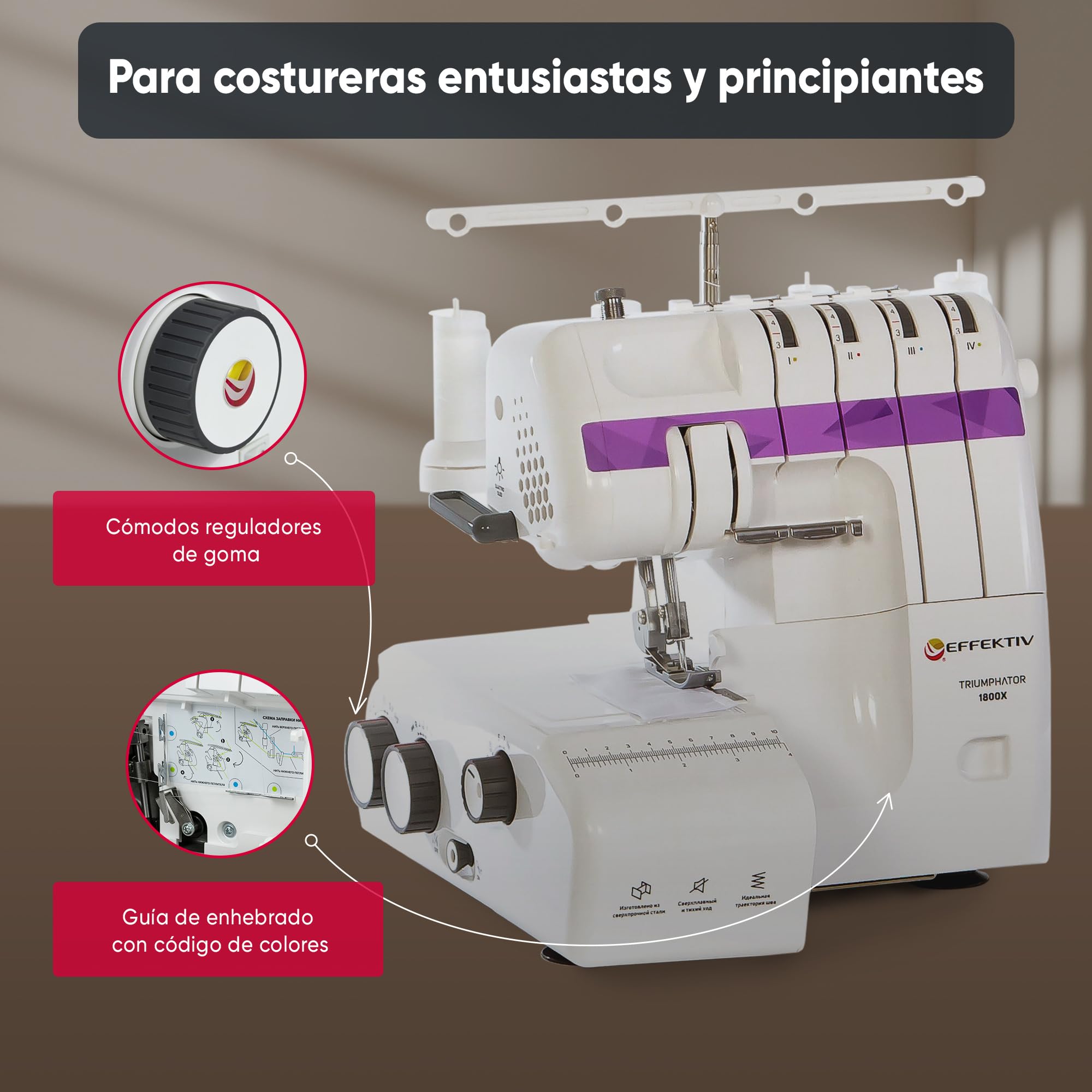 EFFEKTIV Remalladora Overlock 1800X, Máquina Overlock 3/4 Hilos con Diferencial, Enhebrado Automático, 1300 Puntadas/min, Plataforma de Manga