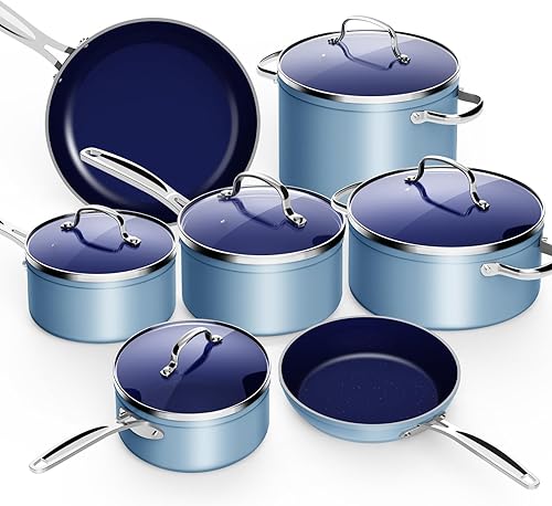 Nuwave Healthy Duralon - Juego de utensilios de cocina forjados con revestimiento ultra antiadherente de cerámica azul, resistentes a los arañazos,