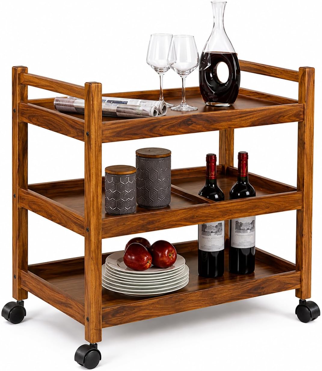 3-Tier Solid Wood Rolling Bar Trolley Wine Serving Trolley, Wheels,Utility Tray, Kitchen Storage Cart, Seasoning Rack on Wheel,for Dining Room Wine Serving Trolley (3 Tier, Brown Finish)