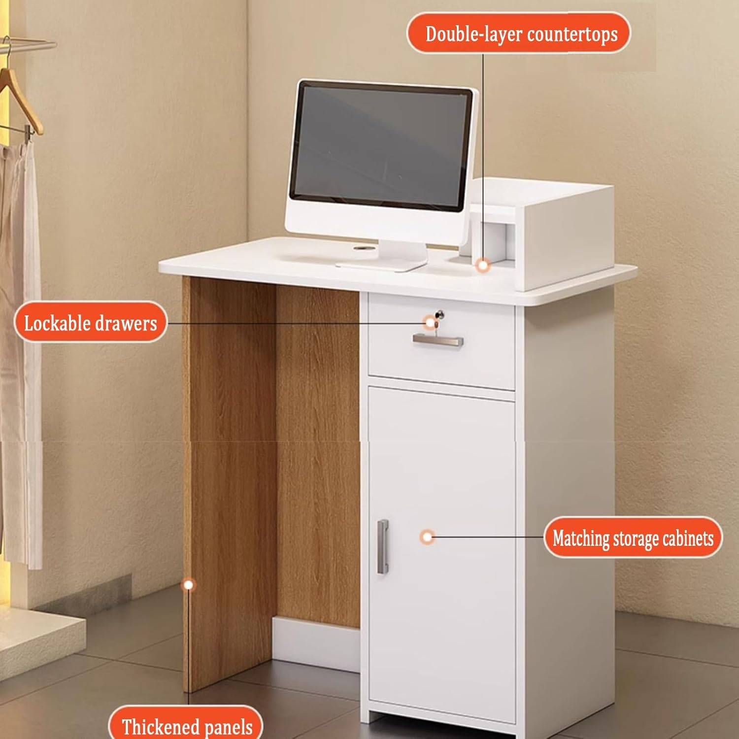 Small Reception Desk, Front Desk Reception with LED Lights, Lockable Drawers Reception Counter Desk, Standing Lobby Retail Checkout Counter Table(White,31.4" x80cm)