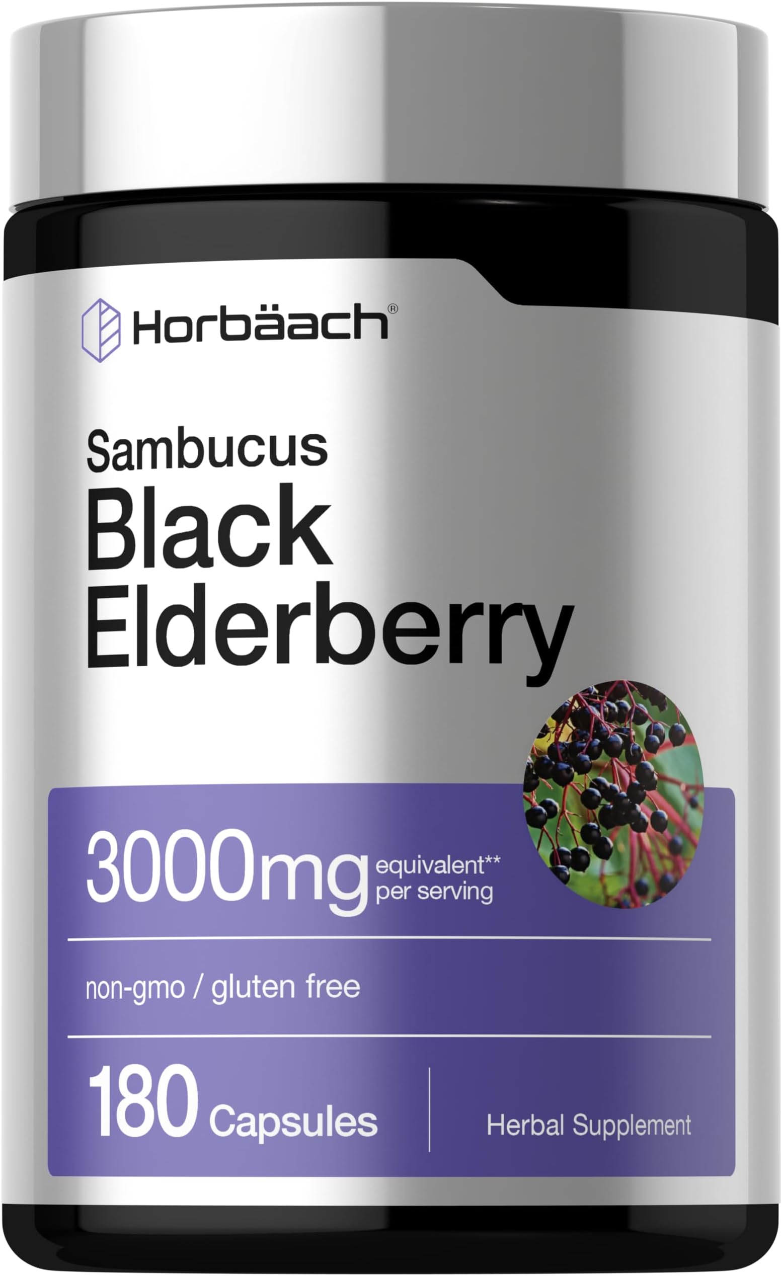 Horbäach Black Elderberry Capsules 2000mg 180 Pills Immune Support Non-GMO, Gluten-Free Sambucus Extract Supplement